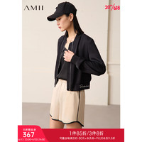 AMII2023春新款字母绣花缎面棒球服拉链字母绣花短外套休闲上衣女 黑色 160/84A/M