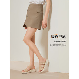 骆驼（CAMEL）坡跟凉拖鞋女夏季新款一字带休闲厚底外穿拖鞋 L23M040007杏色 37