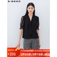 S.DEER圣迪奥女装西装领飘带网纱泡泡袖衬衫S23260415 黑色/91 M/165