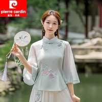 皮尔卡丹国潮旗袍上衣民国中国风汉服年轻款复古茶服日常修身绣花 浅蓝 单-上衣 M