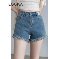EGGKA 毛边牛仔短裤女高腰春夏季2023年新款美式复古阔腿裤子 蓝色 XL