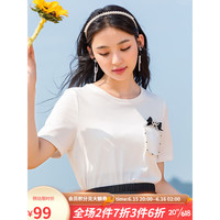 lagogo拉谷谷2023年夏季新款白色圆领时尚短袖T恤女蝴蝶结设计感 本白色(V1) 165/L/40