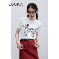 EGGKA 小狗印花短袖T恤女圆领夏季2023新款设计感白色正肩短款上衣 白色 均码