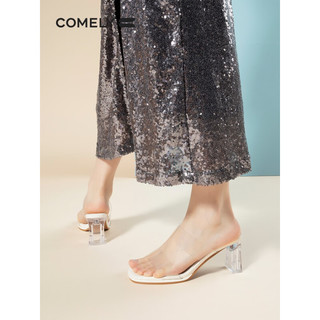 康莉外穿一字凉拖鞋女2023年夏季新款粗跟方头时尚透明高跟鞋凉鞋 米白色 35