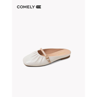 COMELY康莉包头拖鞋女外穿2023春夏新款羊皮方头平底舒适懒人穆勒鞋 米白色 36