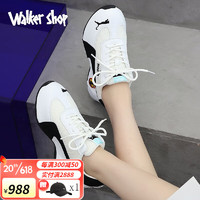 Walker Shop 奥卡索 品牌跑步鞋男女新款真皮情侣款包底皮蓬老爹鞋女厚底内增高休闲款  白黑 （男）40