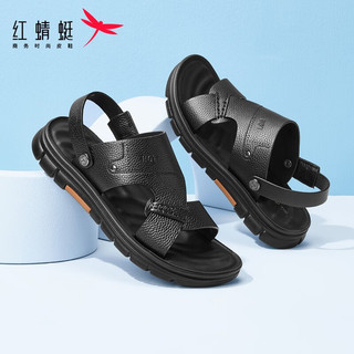 红蜻蜓男士凉鞋夏季新款软底沙滩凉鞋舒适两穿简约皮凉鞋WTT23198 黑色 42