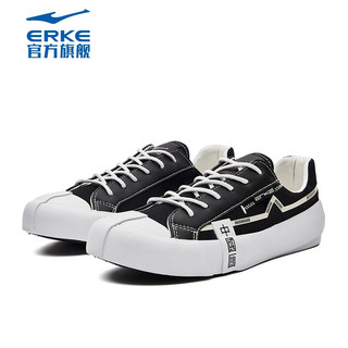 鸿星尔克（ERKE）帆布鞋女鞋舒适低帮简约撞色防滑耐磨户外街头潮流休闲运动鞋 正黑/正白 38