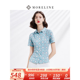 MORELINE沐兰小众设计感印花衬衫女2023夏装新款修身百搭 浅兰 42/XL
