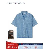TOMMY HILFIGER23新款女休闲古巴领贴袋舒适莱赛尔合身牛仔短袖衬衫39062 牛仔蓝1AB 34（S）