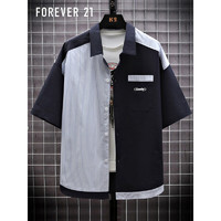 FOREVER 21 短袖衬衫男夏季时尚潮流拼色上衣休闲简约衬衣 深蓝 2XL码