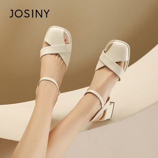 卓诗尼（Josiny）罗马凉鞋女2023年夏季新款交叉编织一字扣带女鞋粗跟高跟沙滩鞋女 米白色 34
