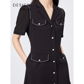 迪赛尼斯（DESIGNICE）商场同款短袖裙子2023夏季新款拼接网纱黑色西装连衣裙女 黑色 S