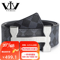 V.V.Brown男士休闲棋格纹真皮皮带不锈钢平滑扣商务腰带时尚牛皮父亲节礼物 银色扣头 125cm