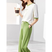 尚都比拉时尚休闲套装夏款小清新印花减龄t恤灯笼裤两件套 白配果绿色 L
