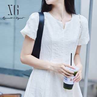 XG雪歌珍珠点缀米白色连衣裙2023夏季新款通勤套头短袖中长裙女装 米白 32/150/XS