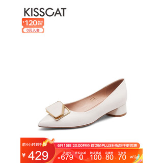 KISSCAT接吻猫女鞋夏季新款中跟船鞋通勤尖头单鞋一脚蹬皮鞋KA32105-11 米色 33