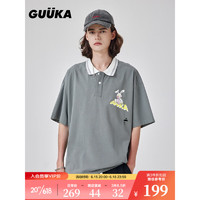 古由卡（GUUKA）潮牌冰淇淋兔印花运动短袖T恤男2023夏季新款嘻哈破洞宽松polo 烟灰 XL