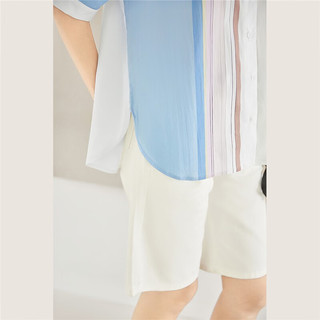 对白时尚定位印花条纹短袖衬衫女2023夏季新款撞色洋气POLO领上衣 清新蓝黄条 160/M