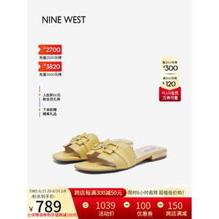 NINE WEST/玖熙拖鞋女外穿2023夏季新款休闲99饰扣低跟一字拖 浅黄 39