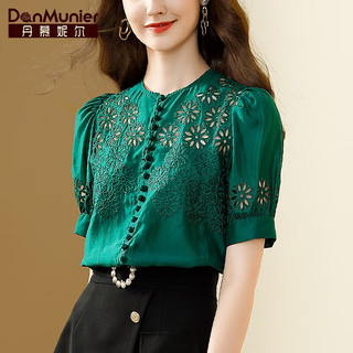丹慕妮尔（Danmunier）丹慕妮尔绿色镂空刺绣上衣女2023夏季新款泡泡袖气质遮肚显瘦衬衫 粉色 XL