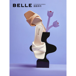 百丽（Belle）618扭结一字拖女2023夏新羊皮革方头凉拖3YUB8BT3 米色 33