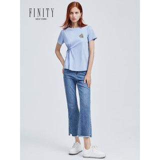 菲妮迪品牌T恤2023年夏季新款 简约气质抽褶设计感纯棉短袖上衣女 蓝色 S