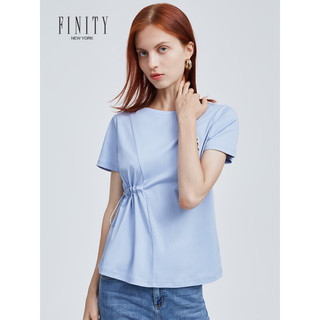 菲妮迪品牌T恤2023年夏季新款 简约气质抽褶设计感纯棉短袖上衣女 蓝色 S