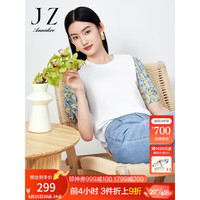 玖姿·安娜蔻休闲短袖T恤女2023夏季新花卉印花拼接泡泡袖圆领上衣 米白 2XL