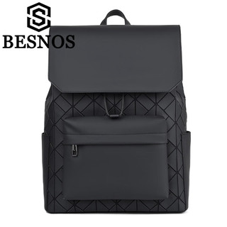 俾斯诺斯（BESNOS）品牌新款双肩包潮流几何菱格学生书包通勤电脑包时尚大容量背包男 经典黑色 42*32*13cm