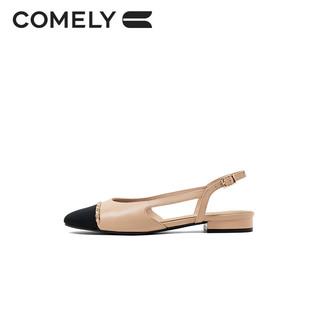 康莉（COMELY）小香风包头凉鞋女春季低跟羊皮粗跟拼接时装凉鞋 杏色/黑色 36