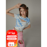 CHUU镂空木耳边短袖T恤女2023年夏季新款小樱桃印花褶皱扎染上衣