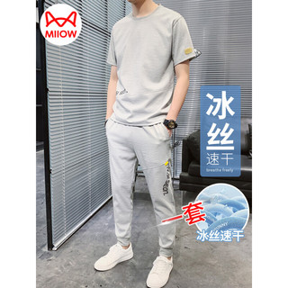 猫人（MiiOW）短袖t恤男夏季薄款休闲套装男士百搭透气长裤两件套 灰色 XL