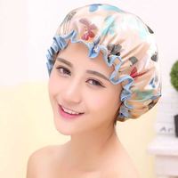 睿琪智盛 洗澡帽加厚双层浴帽 防水成人女款淋浴帽　厨房防油污帽子 防尘防油烟头套洗头洗澡 浅黄色花蝴蝶
