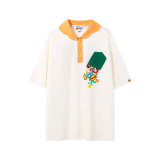 B.Duck小黄鸭女式T恤2023年夏季新款宽松减龄撞色Polo领短袖T恤 米白色 S