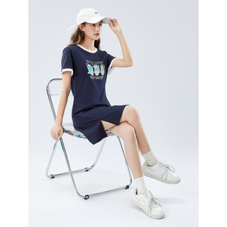 B.Duck小黄鸭T恤连衣裙2023年夏季新款宽松气质休闲时髦开叉裙子 蓝色 L