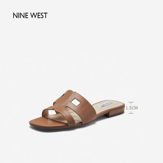 NINE WEST/玖熙拖鞋女鞋2023夏季新款简约百搭休闲外穿真皮露趾镂空平底鞋 棕色 37