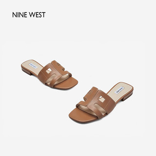 NINE WEST/玖熙拖鞋女鞋2023夏季新款简约百搭休闲外穿真皮露趾镂空平底鞋 棕色 37