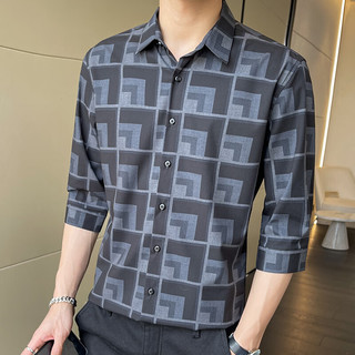 袋鼠（DaiShu）短袖衬衫男夏商务休闲格子条纹衬衫男修身衬衣外套S177 黑色 L