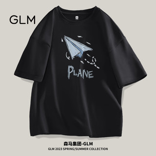 GLM森马集团品牌短袖t恤男休闲时尚校园风学生青少年潮牌纯棉款体恤 黑#蓝飞机 M