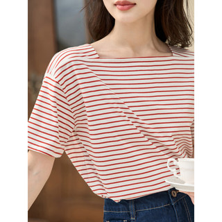 茵曼（INMAN）优雅精致洋气T恤2023夏女装新款横向色织条纹短袖上衣F18322726 红白条 L