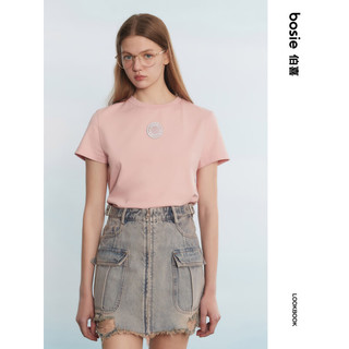 bosie2023年夏季新款短袖T恤女圆标合身简约T恤 粉色 L