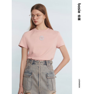 bosie2023年夏季新款短袖T恤女圆标合身简约T恤 粉色 L