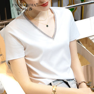法玛莎品牌夏季女新款白色短袖t恤女2023丝光棉钉珠V领纯色修身显瘦气质 链珠V领 黑色 M