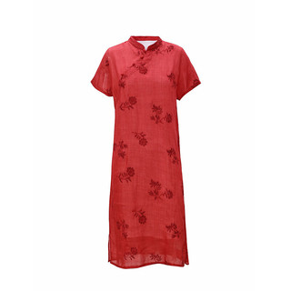 衣沐衣衫红色旗袍女夏季改良年轻款气质高端苎麻新中式高考送考妈妈连衣裙 红色 XL