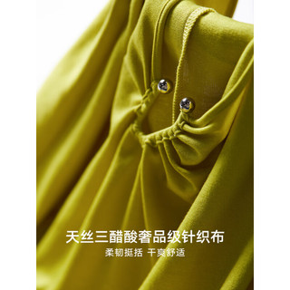 初棉U型金属环醋酸短袖T恤女 设计感小众夏季休闲宽松短上衣 黄绿色 M