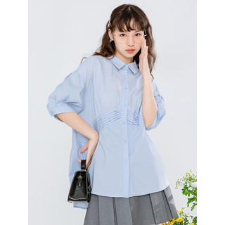 lagogo拉谷谷2023夏季新款纯色翻领气质短袖衬衫上衣女小众设计感 浅蓝色（N8） 155/S/36