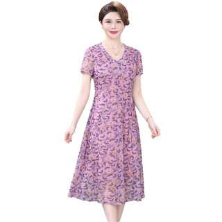 甘甘的世界2023夏季新款网纱优雅连衣裙甘夫人中年女装印花裙子 L 适合95-115斤