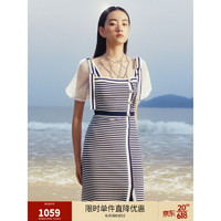 MAXRIENY海军风条纹连衣裙2023夏季新款修身显瘦泡泡袖针织裙子 蓝条纹 M/02