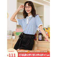 lagogo拉谷谷2023年夏季新款设计感POLO领正肩条纹T恤女短袖宽松 蓝白(NV) 160/M/38